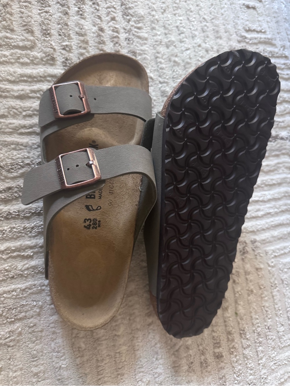 Birkenstock Gray Two-Strap Arizona Sandals with Rose Gold Buckles - Men's